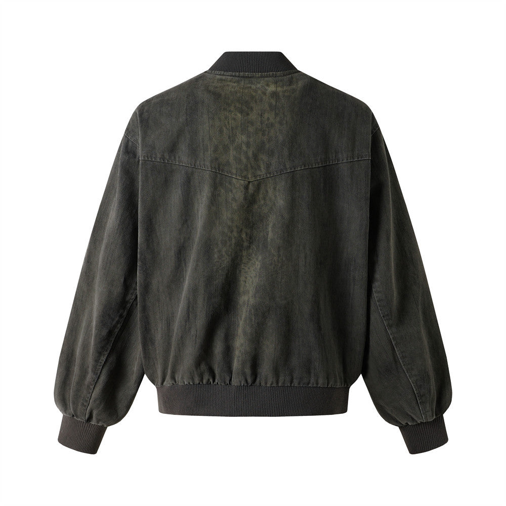 Bomber délavé et usé – Patchwork déconstruit à bords effilochés, coupe oversize