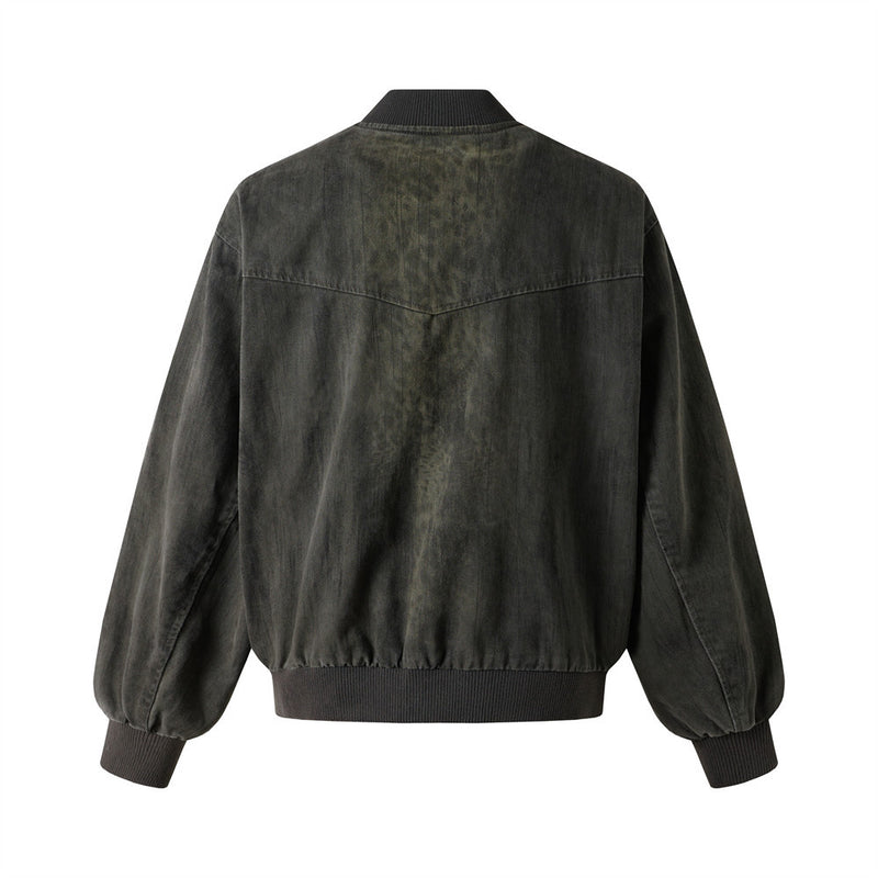 Bomber délavé et usé – Patchwork déconstruit à bords effilochés, coupe oversize