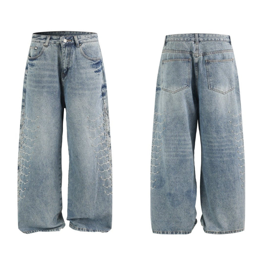 Men's Baggy Wide-Leg Jeans – Studded & Embroidered Washed Denim