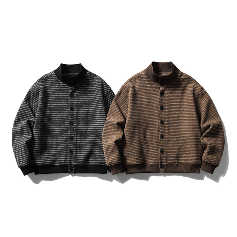 Striped Stand-Collar Bomber Jacket – Relaxed Fit Button-Front Outerwear
