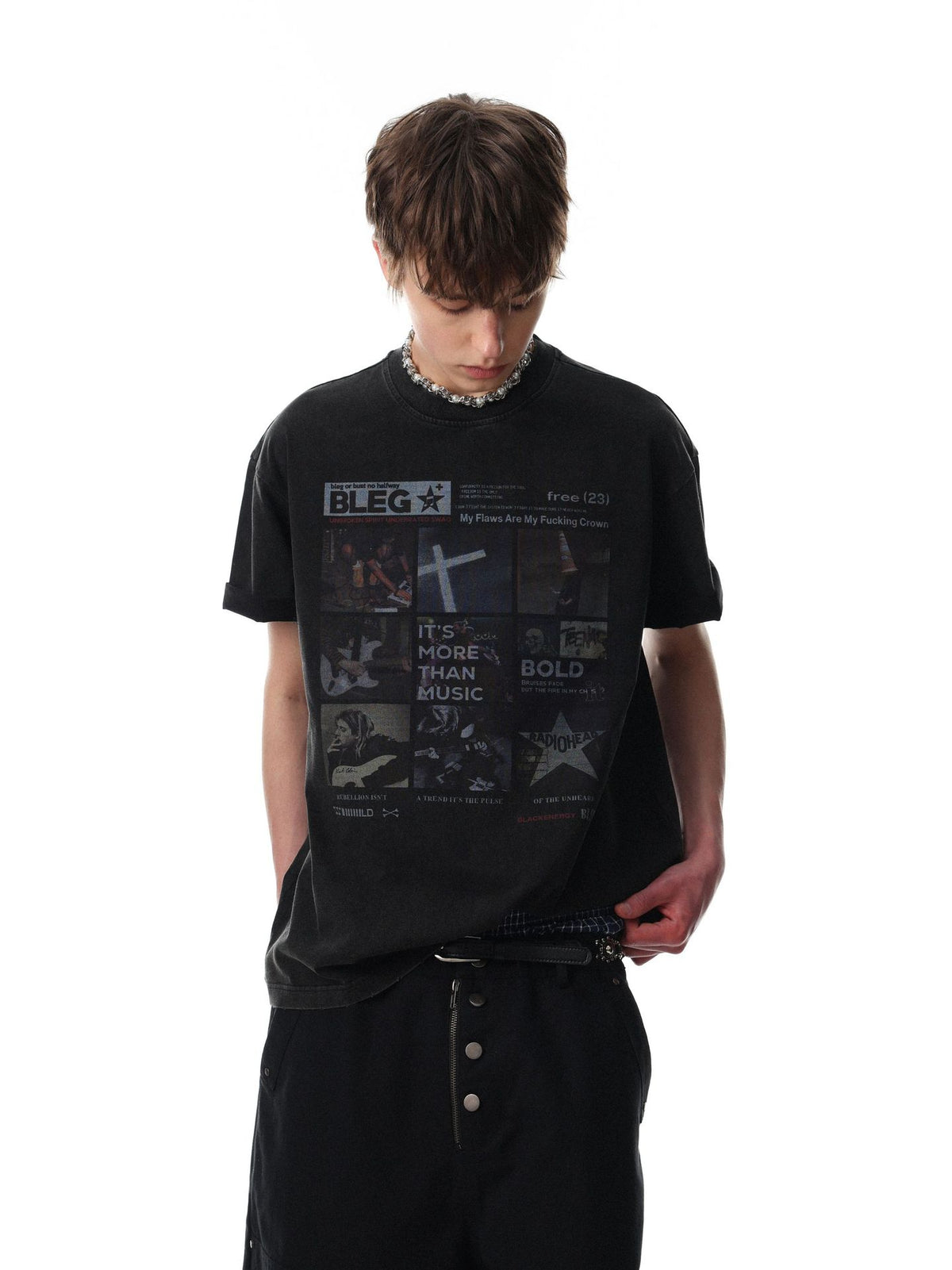 Men's oversized black acid-wash graphic t-shirt with BLEG music collage print on the front chest