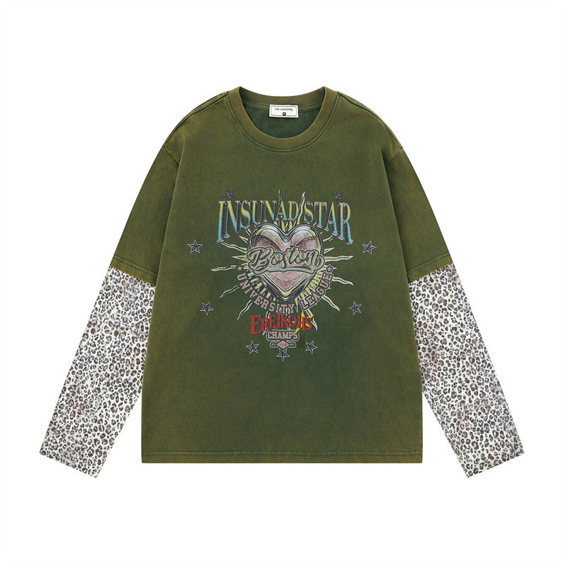 T-shirt homme à manches longues effet superposé, manches imprimées léopard et motif cœur sur la poitrine, vert militaire