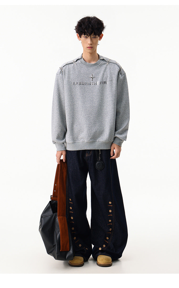 Sweat-shirt punk streetwear à col rond avec anneaux métalliques sur les épaules
