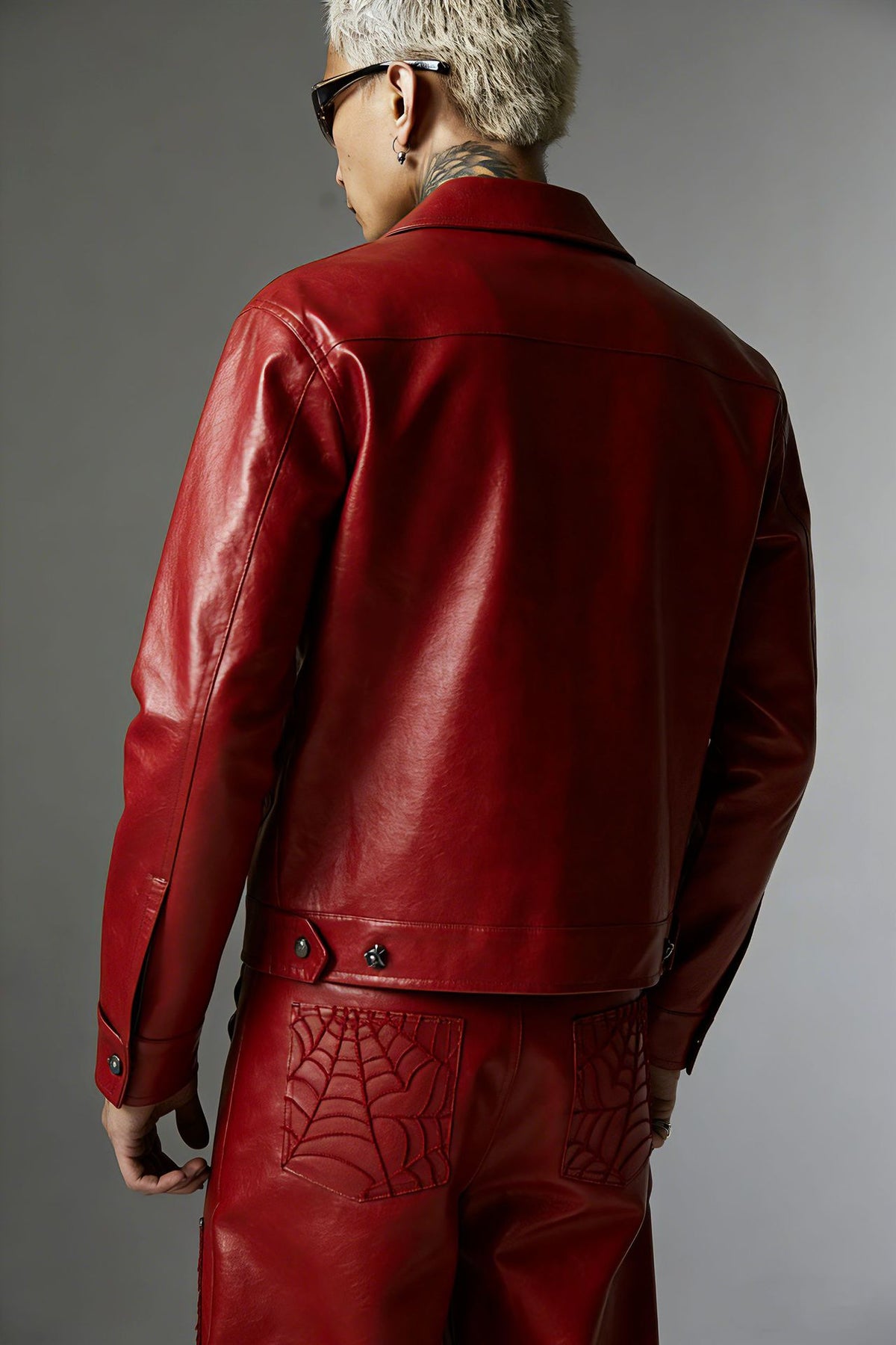 Spiderweb Embroidered PU Leather Jacket – Oversized Moto Fit