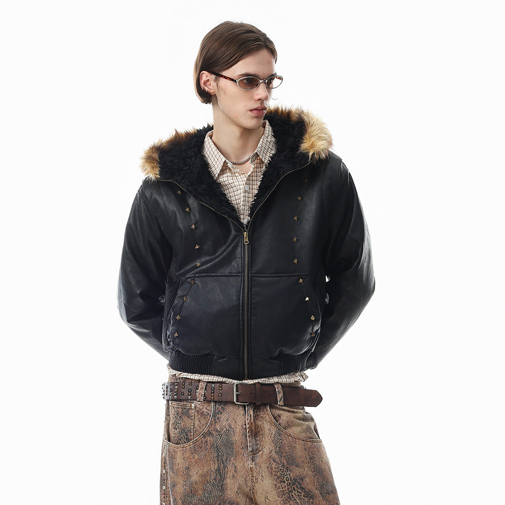 Punk Fur-Collar Studded PU Leather Hooded Bomber Jacket