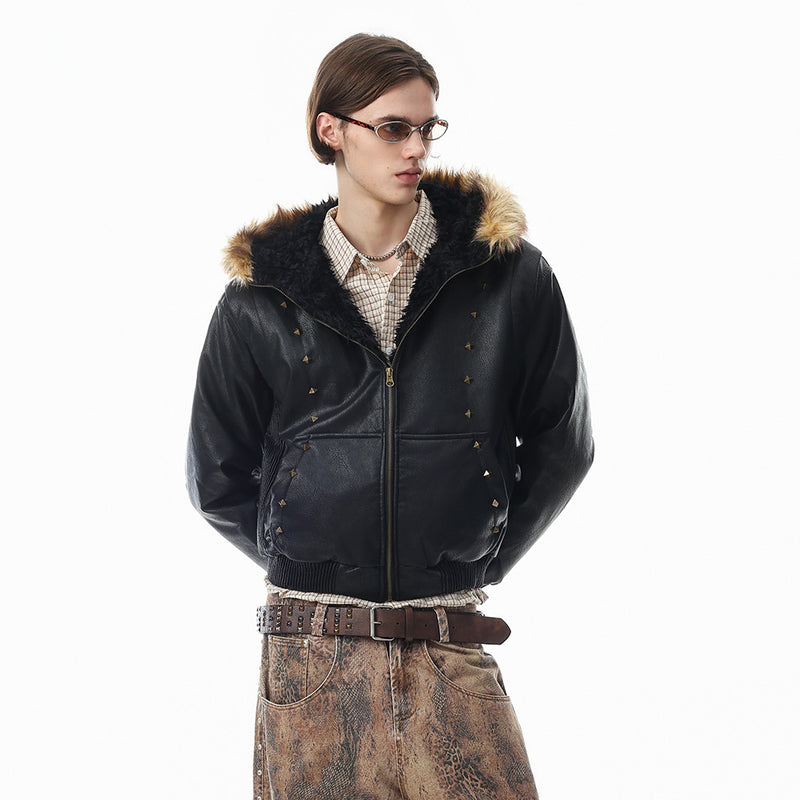 Punk Fur-Collar Studded PU Leather Hooded Bomber Jacket