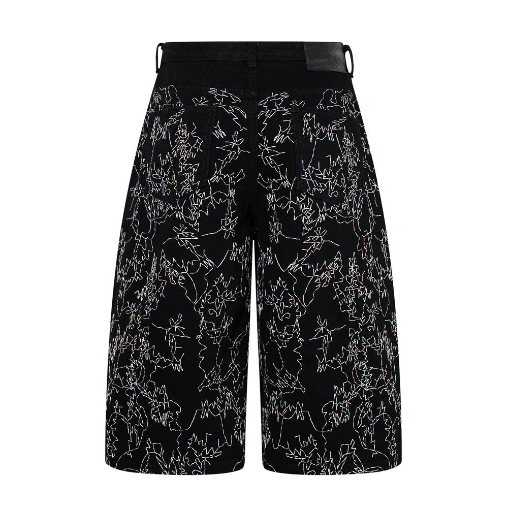 Wide-Leg Denim Shorts – All-Over Chaotic Stitch Embroidery, Hip-Hop Style