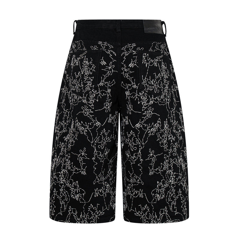 Wide-Leg Denim Shorts – All-Over Chaotic Stitch Embroidery, Hip-Hop Style
