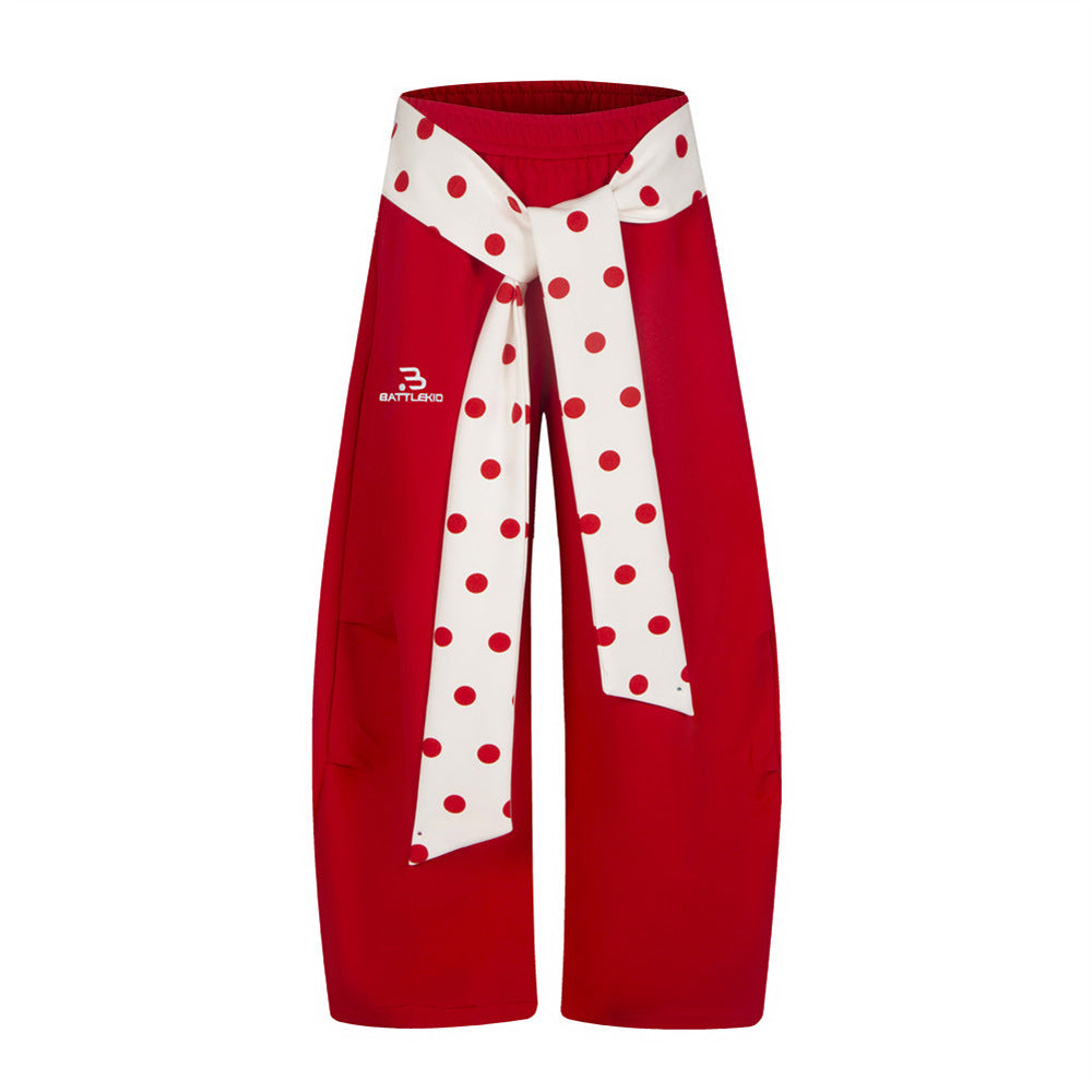 Polka Dot Tie-Waist Wide Leg Sweatpants – Unisex Colorblock Baggy Pants
