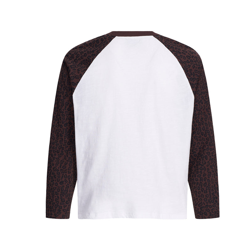 Langarm-Raglan-T-Shirt mit Leopardenprint – Iron-Cross-Stern-Print, Weiß &