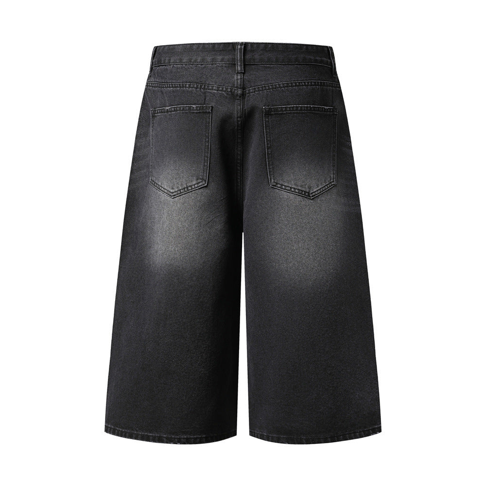 Wide-Leg Rhinestone Denim Shorts – Vintage Washed Straight-Cut Bermuda