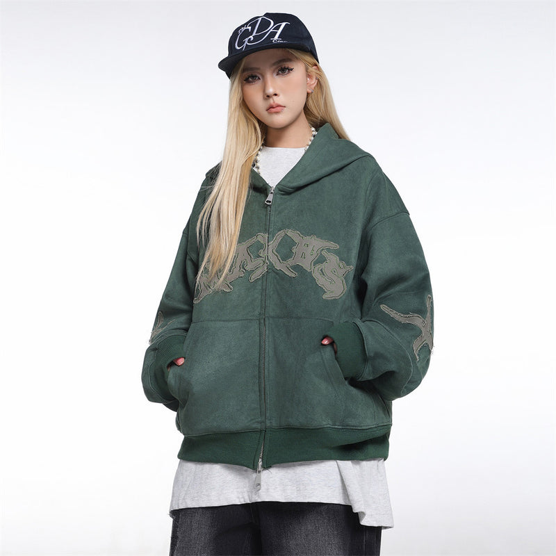 Baggy Zip Up Hoodie with Letter Appliqué — Oversized Streetwear Zip Hoodie
