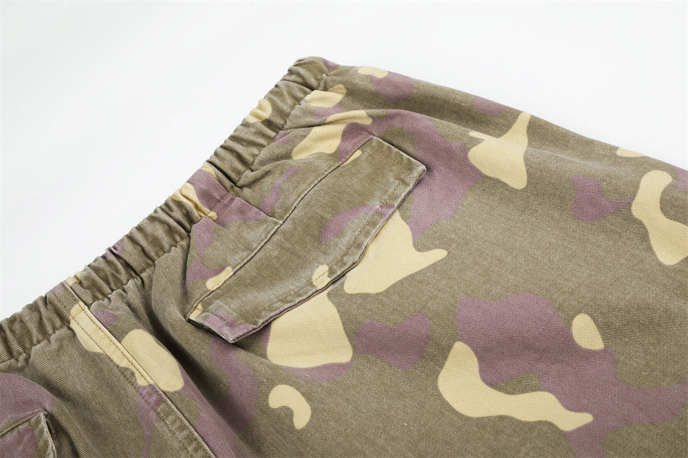 Camo Cargo Wide-Leg Pants – Vintage Washed, Multi-Pocket, Drawstring Waist