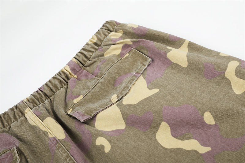 Camo Cargo Wide-Leg Pants – Vintage Washed, Multi-Pocket, Drawstring Waist