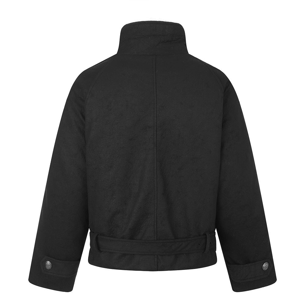 Men's Double-Breasted Sherpa-Collar Belted Jacket with Epaulettes
