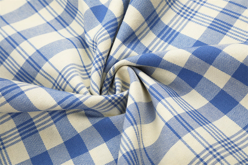 Wide-Leg Pleated Trousers in Blue Plaid Check