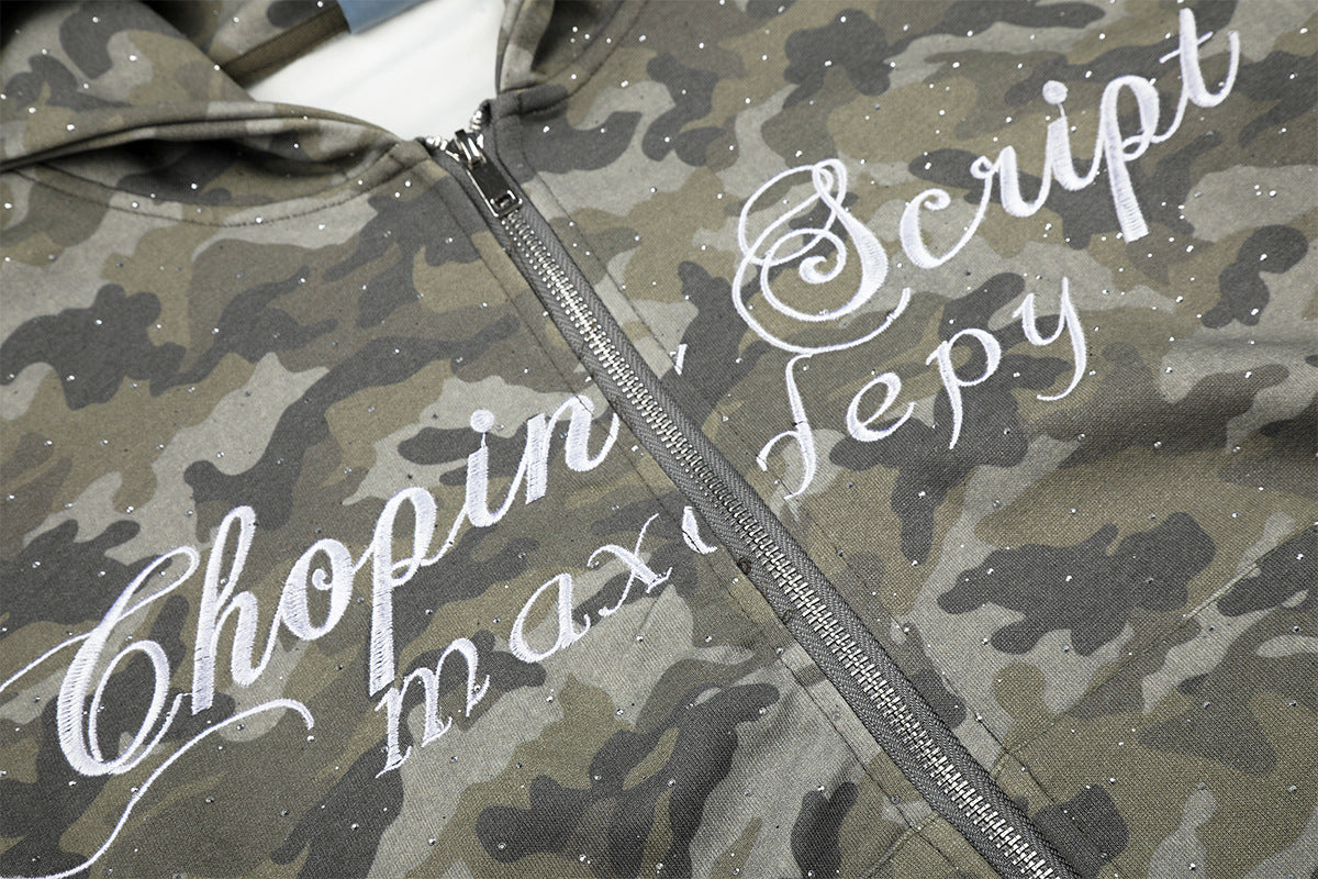 Sweat à capuche zippé camouflage – Sweat oversize camouflage scintillant entièrement zippé avec