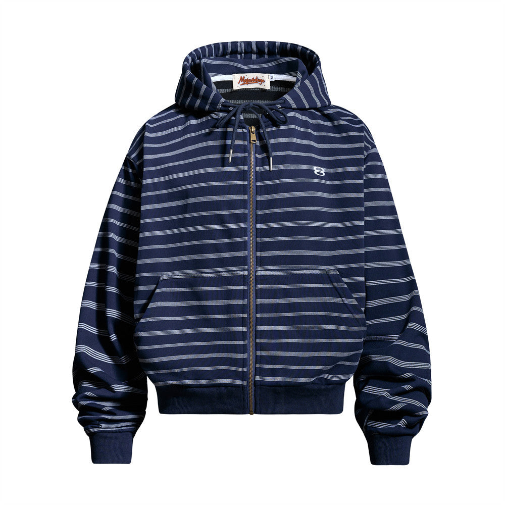 Oversized striped zip-up hoodie in navy with white horizontal stripes, full-zip front and drawstring hood