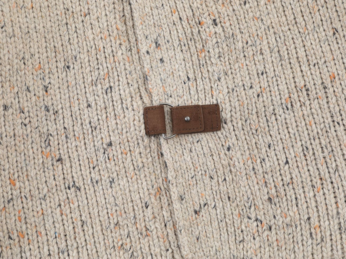 Chunky Knit Cardigan Sweater with Leather Buckle Closure, Mock Neck