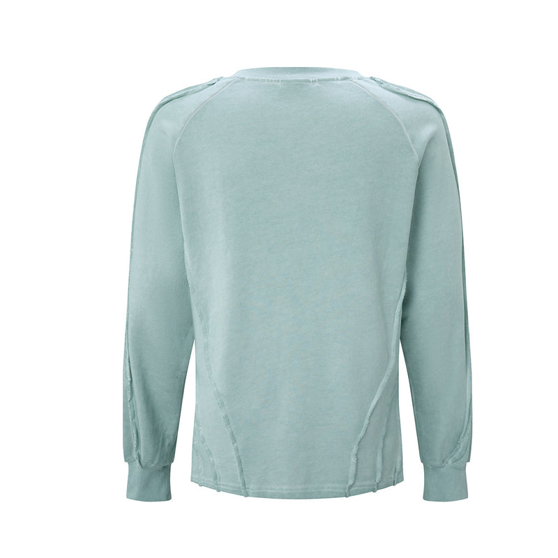 Verwaschenes Vintage-Sweatshirt mit geprägtem Drachen, Langarm – Raw-Edge-Moto-Crewneck