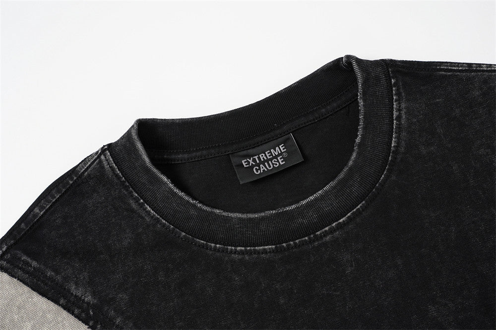 Sweat-shirt colorblock à manches longues délavé à l’acide avec poches cargo