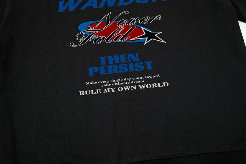Oversized Graphic Print Sweatshirt – Wander Never Fold Slogan Crew Neck