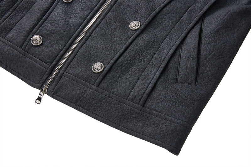 Men's Faux Leather Military Jacket – Double-Breasted Stand Collar Short Coat