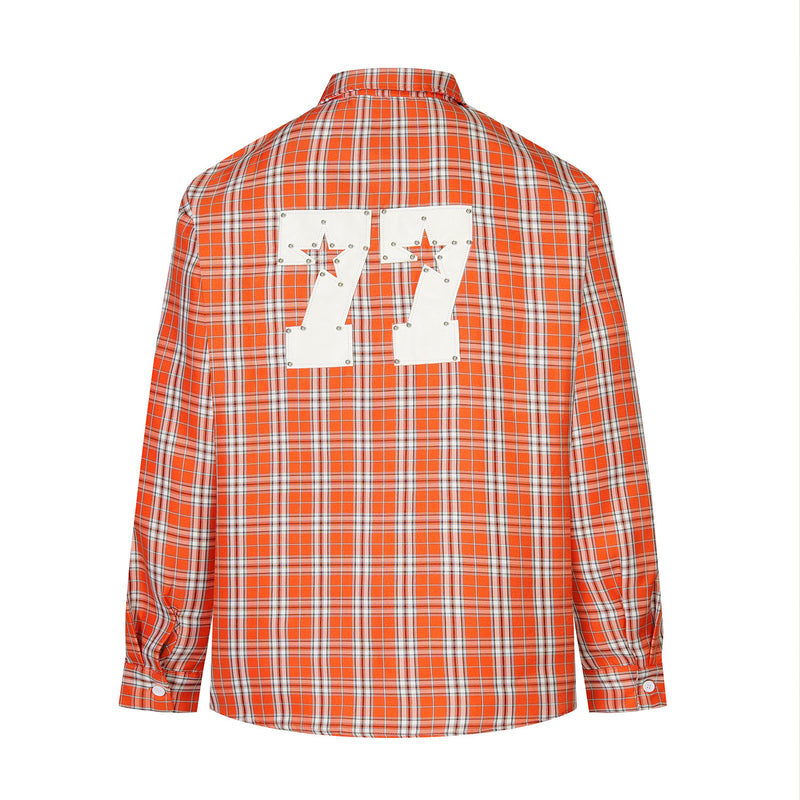 Designer Long Sleeve Shirt – Plaid Studded 'LUCK' Star Graphic, Relaxed Fit