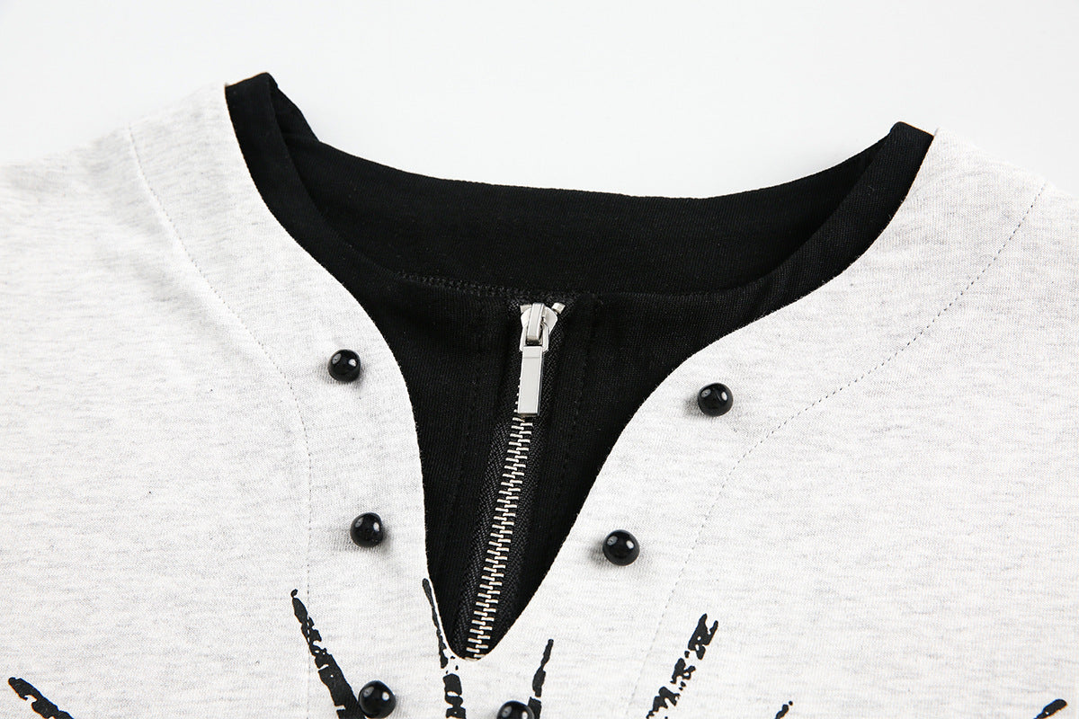 T-shirt graphique manches longues avec col zippé à rivets – Imprimé Black Energy CHN