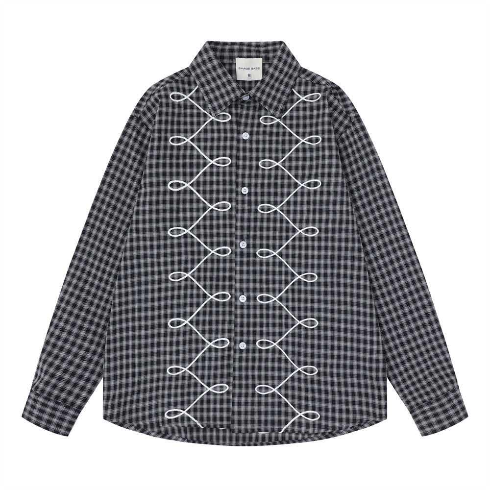 Men's Plaid Long Sleeve Shirt with Rope Loop Embroidery — Relaxed Fit