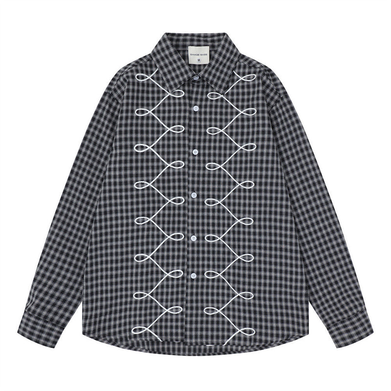 Men's Plaid Long Sleeve Shirt with Rope Loop Embroidery — Relaxed Fit
