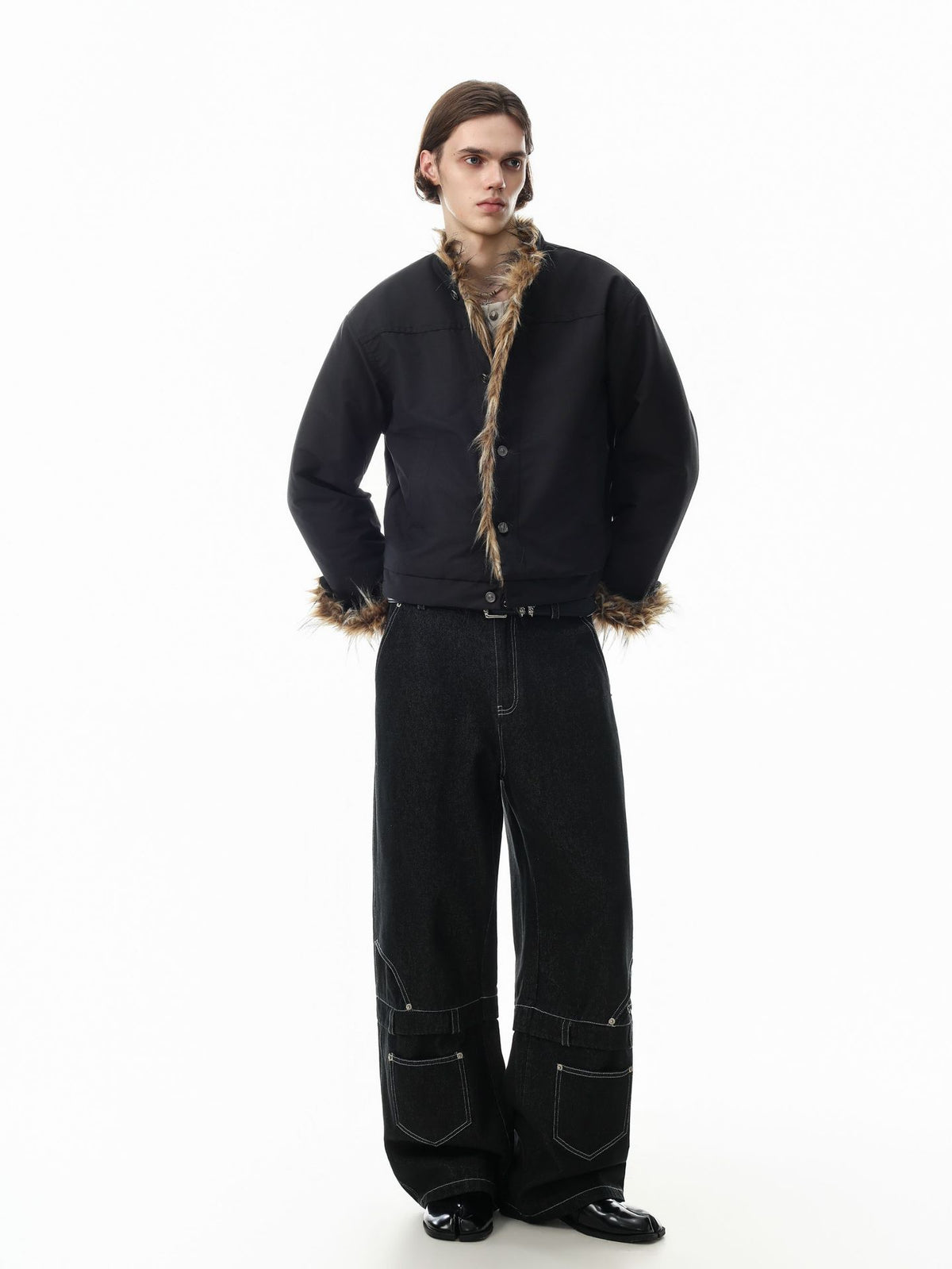 Faux Fur Trim Padded Jacket with Stand Collar & Button Front
