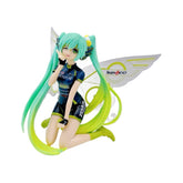 This 12cm PVC figure features Hatsune Miku as a Racing Butterfly, kneeling with long green hair and one hand near her face. She wears a green and black outfit with the "Team UKYO" logo, vibrant wings, and bright green boots for a striking finish. Part of the Dynamic Team MIKYO Collectible series.