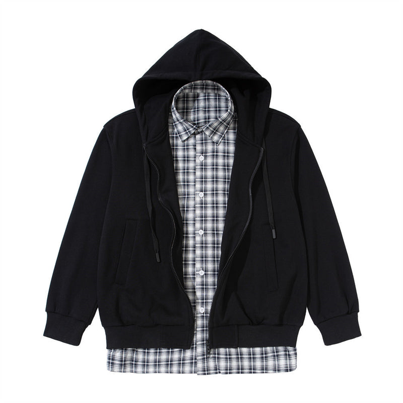 Men's Full Zip Hoodie with Faux Layered Plaid Shirt Insert, Oversized Streetwear