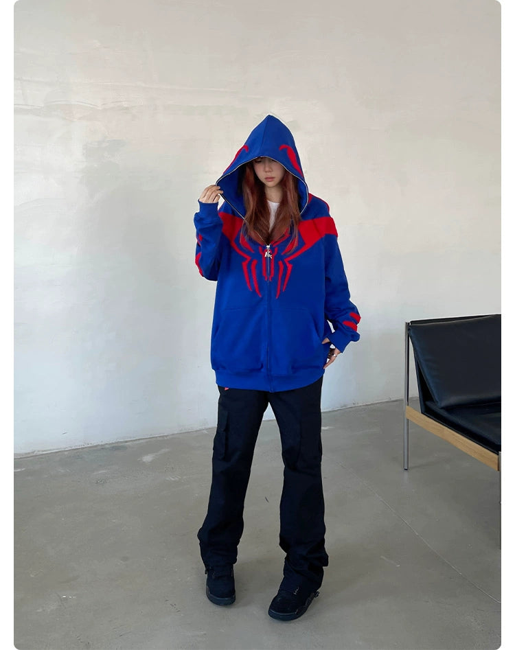 Superhero Spider Hoodie - 400GSM Oversized Blue and Red Zip-Up Sweatshirt for Fans