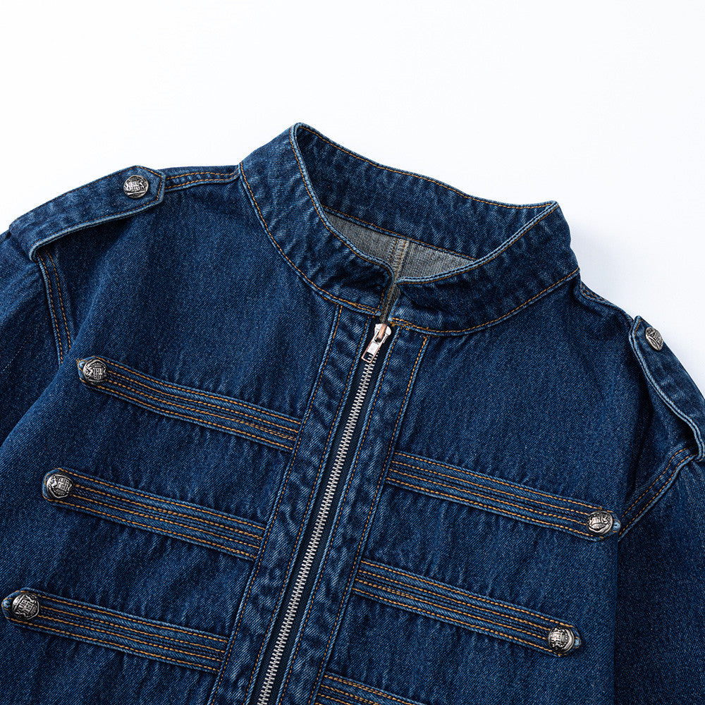 Men's Military-Style Denim Jacket – Stand Collar, Decorative Button Trim