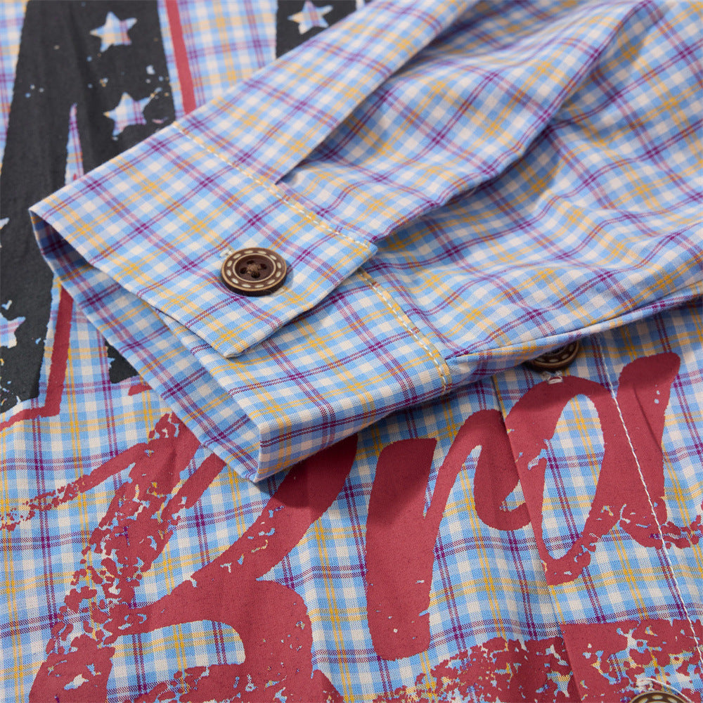 Plaid Long-Sleeve Shirt with Varsity Graphic Print and Contrast Collar