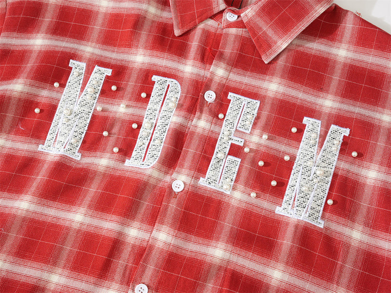 Plaid Short-Sleeve Shirt with Embroidered Letter Patch & Pearl Studs