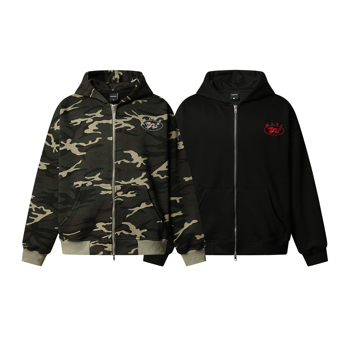 Zip-Hoodie mit Drachenemblem – Oversized Streetwear in Camo & Schwarz