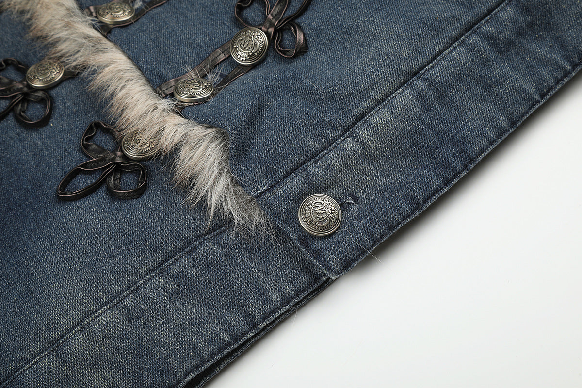 Fur Collar Denim Jacket – Fleece-Lined Vintage Moto Style