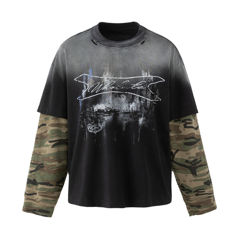 Oversized Faux-Layer Long Sleeve Tee with Camo Splice & Distressed Washed Print