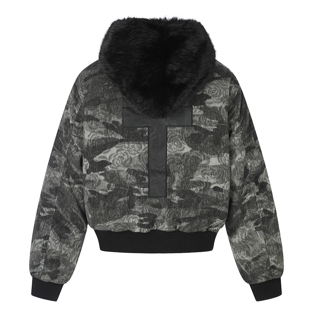 Rose Camo Bomber Jacket with Faux Fur Hood Collar and Cross Back Patch