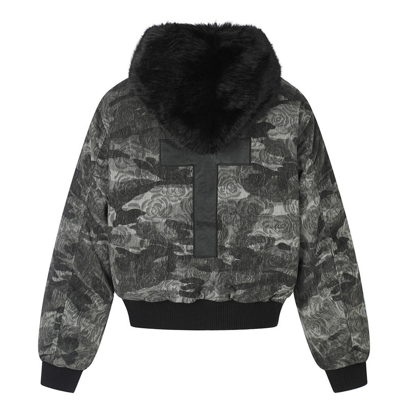 Rose Camo Bomber Jacket with Faux Fur Hood Collar and Cross Back Patch
