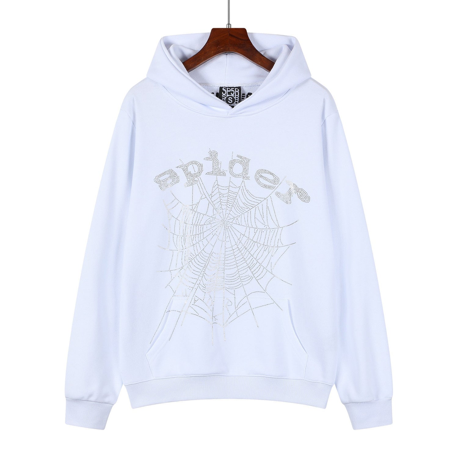 Sp5der “Crystal Web” Hoodie – White Rhinestone 440GSM Heavyweight Oversized Streetwear Pullover