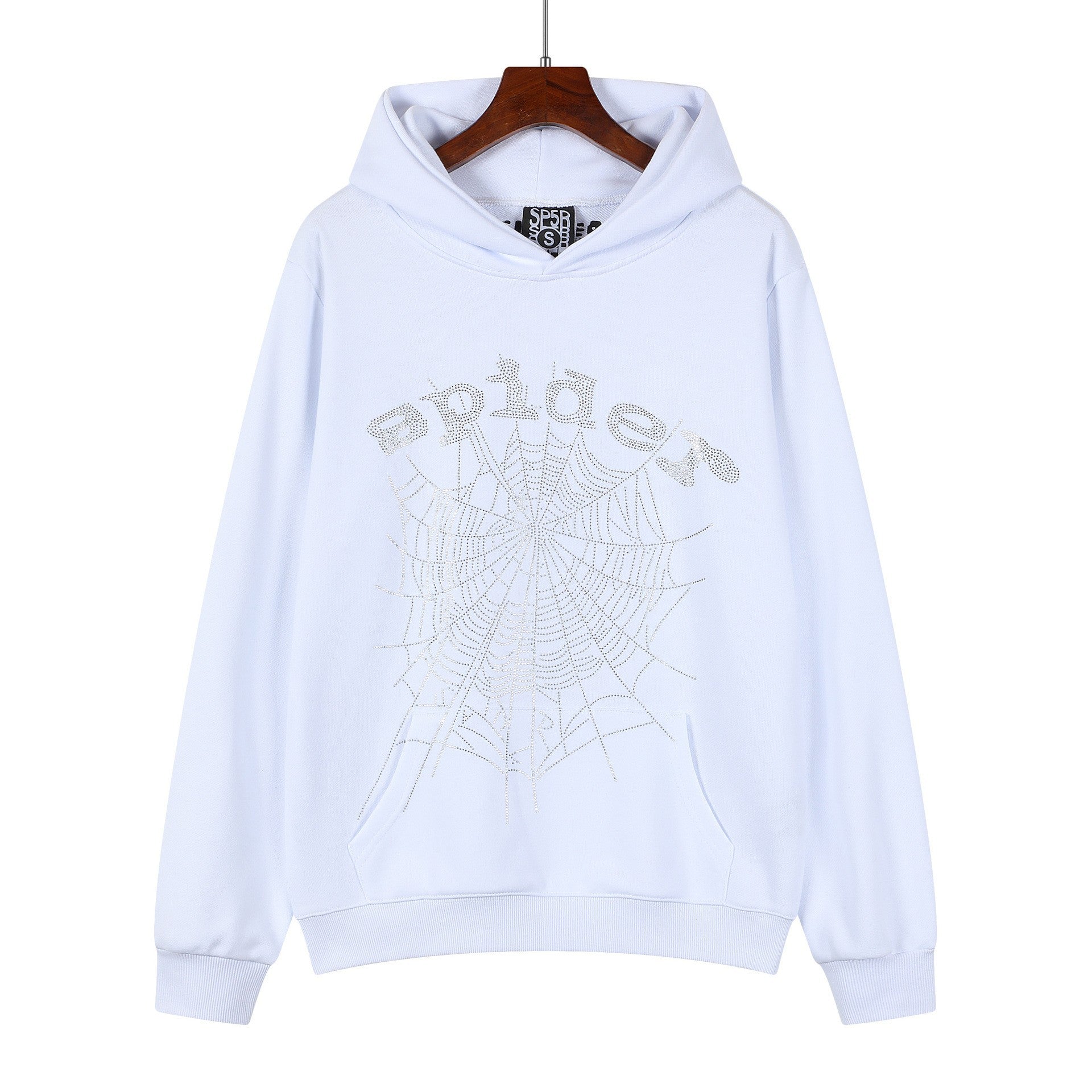 The Sp5der “Crystal Web” Hoodie features white rhinestones and “spider” lettering above a glittery web, crafted from 440GSM heavyweight fabric. This oversized pullover adds bold Y2K streetwear vibes to your style.