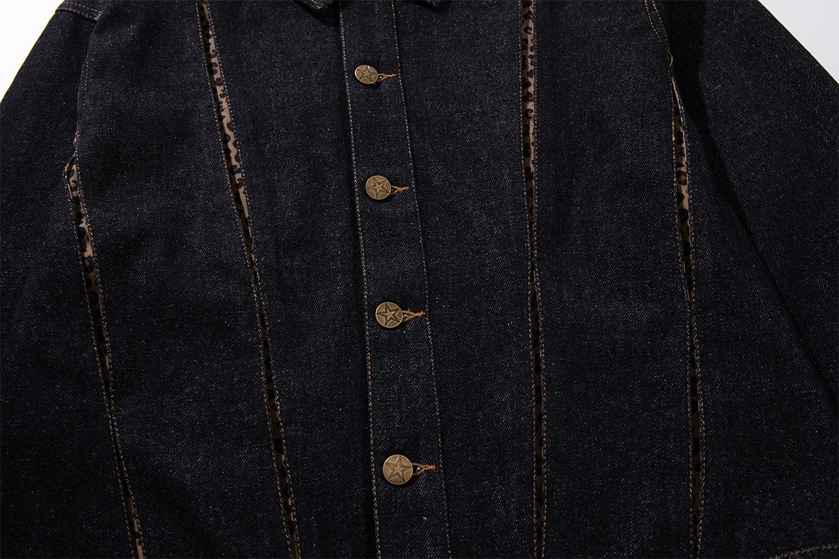 Dark Denim Boxy Jacket with Leopard Print Inset Panels