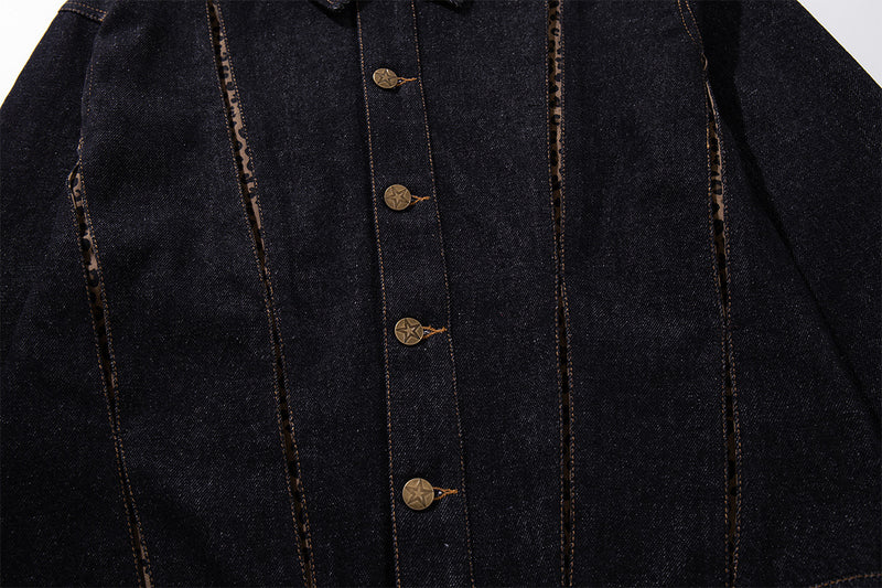 Dark Denim Boxy Jacket with Leopard Print Inset Panels