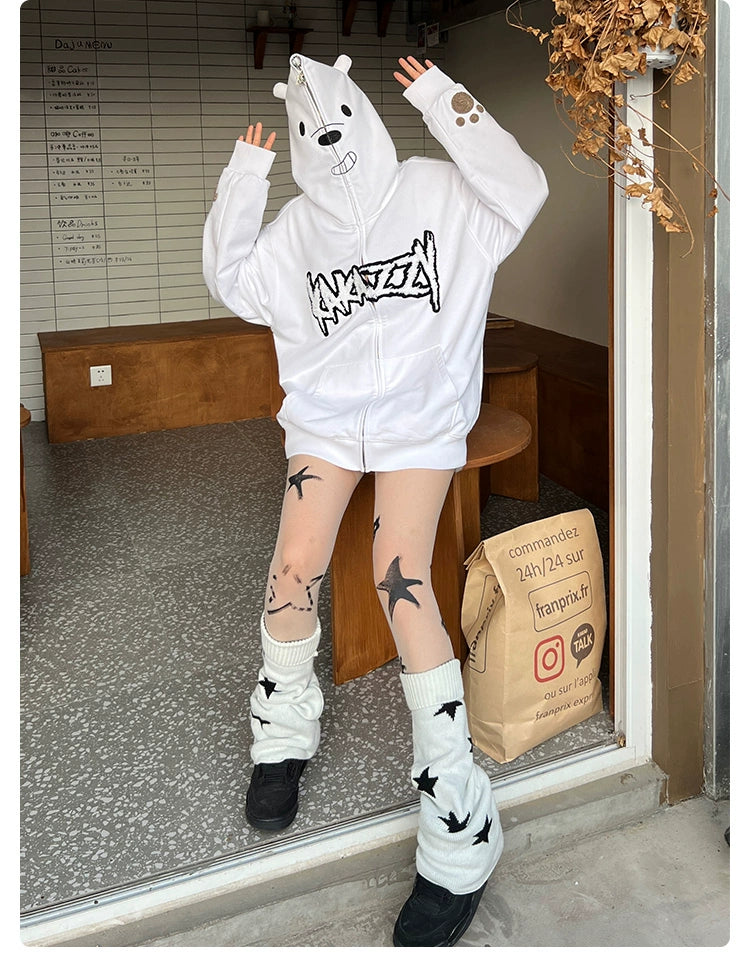 Cute White Bear Hoodie - 400GSM Polar Bear Design with Black Embroidery