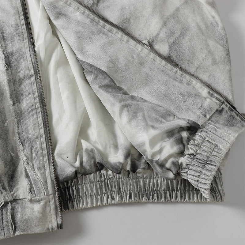 Men's Washed Distressed Zip-Up Hooded Jacket with Raw-Edge Patchwork