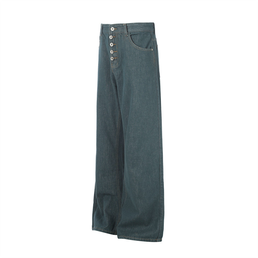 Jeans larges homme – Pantalon droit en denim vert canard à braguette boutonnée